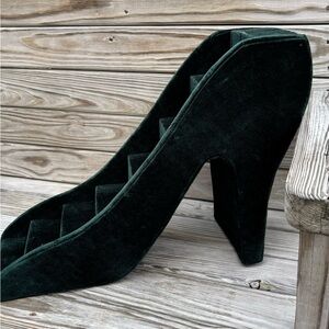 Green Velvet Shoe Shaped Display for Knick Knacks Has 7 mini Shelves